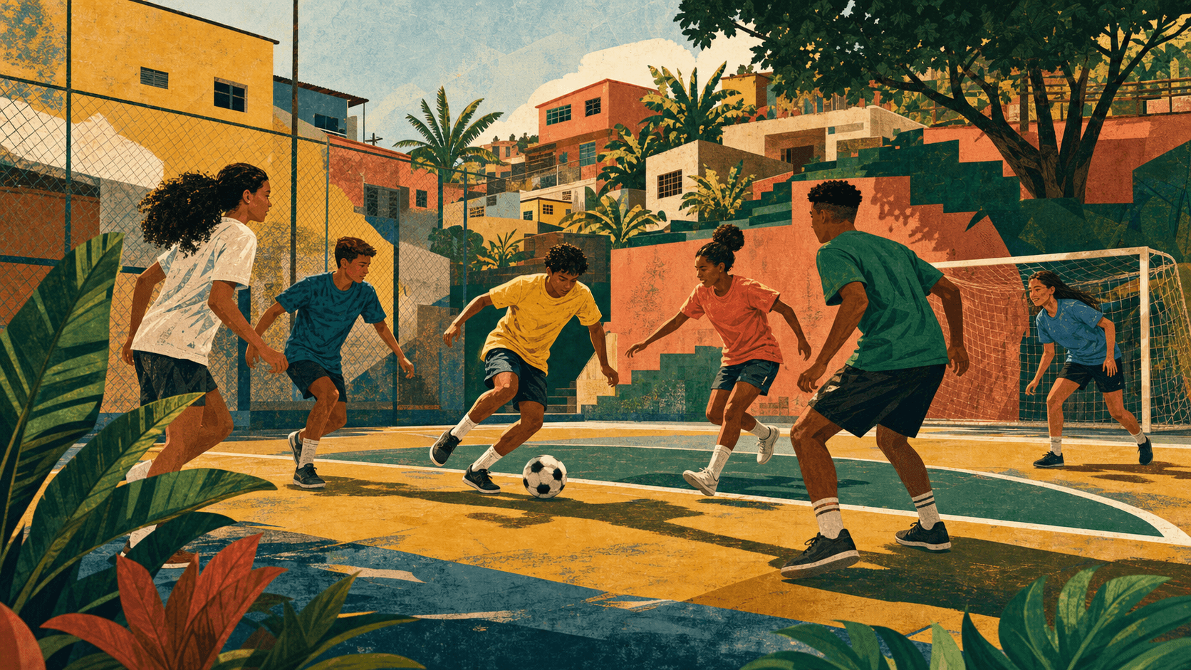 Illustration of a football pitch in a Brazilian neighbourhood
