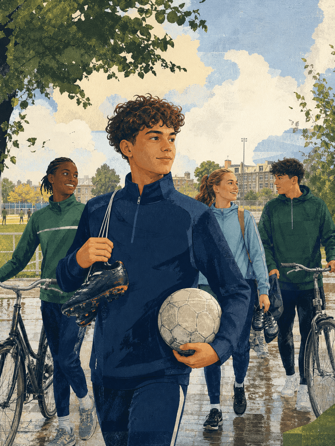 Young people arriving at a football pitch by bicycle