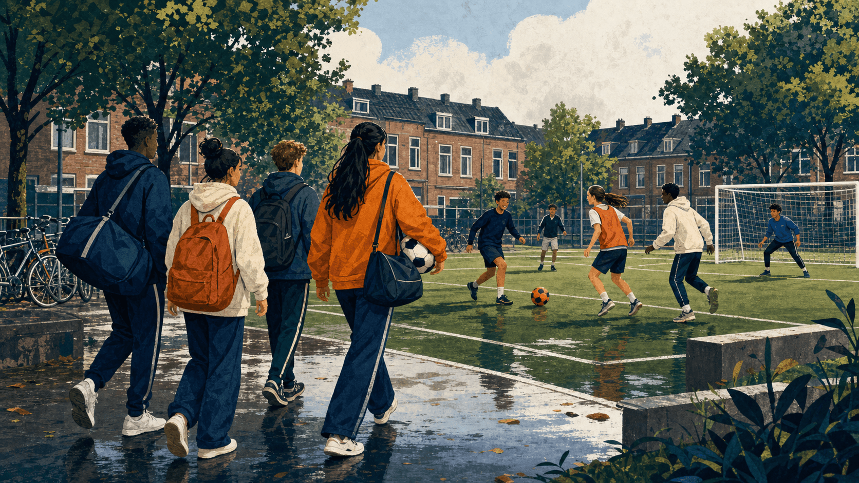 Illustration of young people playing sport together in the Netherlands